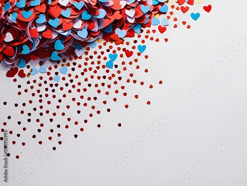 a collection of small heart-shaped paper cutouts in red, blue, and white colors. They are densely packed in the upper left corner and gradually spread out towards the bottom right, creating a scattere photo