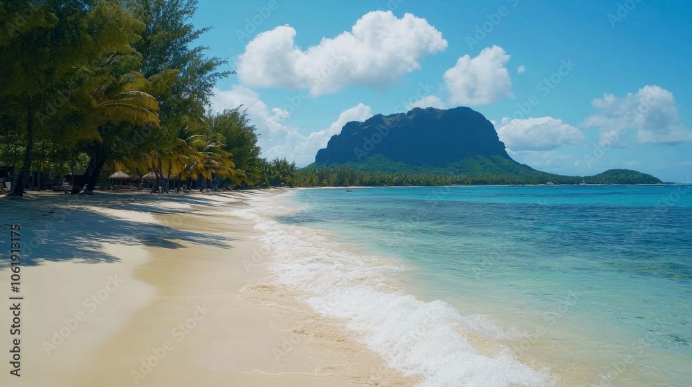 Serene Beach with Mountain Backdrop and Clear Waters Serene Beach with Mountain Backdrop and Clear Waters