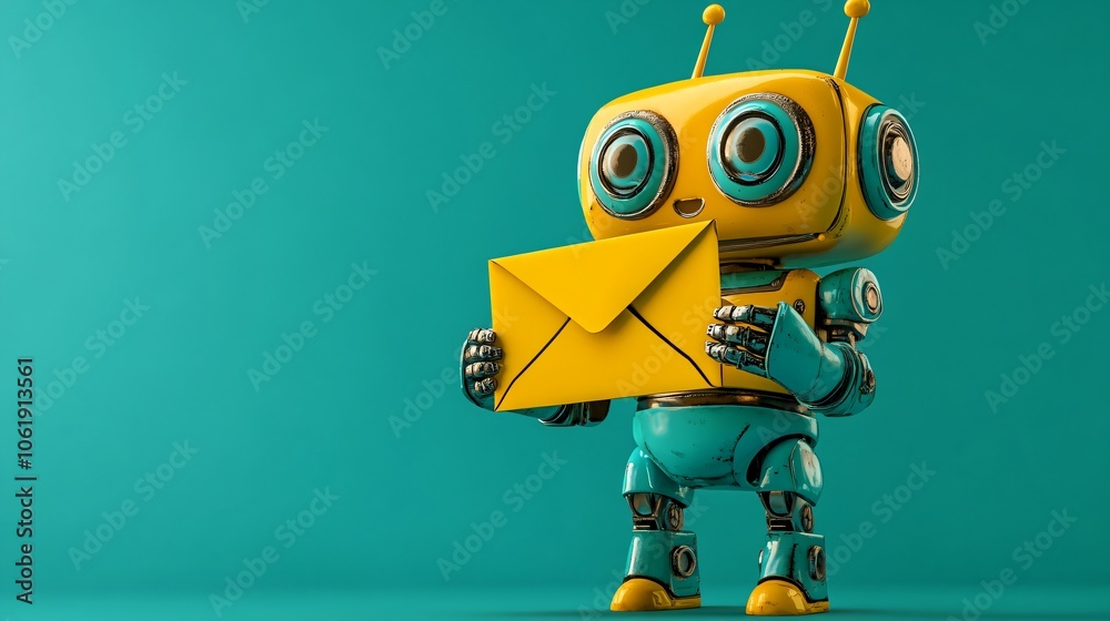 Cute robot holding a yellow envelope, standing against a teal background. The robot is yellow and teal with friendly features and antennae on its head Cute robot holding a yellow envelope, standing against a teal background. The robot is yellow and teal with friendly features and antennae on its head