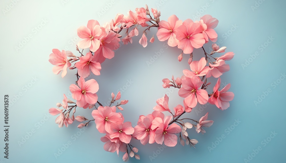 Delicate pink flower wreath on a soft blue background, perfect for spring decor and floral-themed projects. Delicate pink flower wreath on a soft blue background, perfect for spring decor and floral-themed projects.
