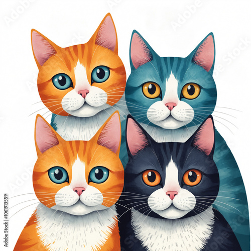 Whimsical illustration of colorful cats with wide, curious eyes, stacked on top of each other