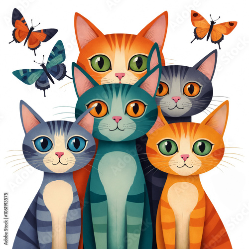 Whimsical illustration of colorful cats with wide, curious eyes, stacked on top of each other