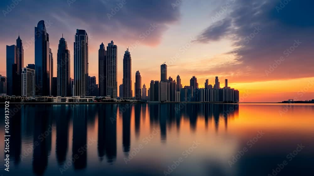 A stunning sunset over a modern city skyline reflected in calm waters. Full HD or 4K Footage Video Animation A stunning sunset over a modern city skyline reflected in calm waters. Full HD or 4K Footage Video Animation
