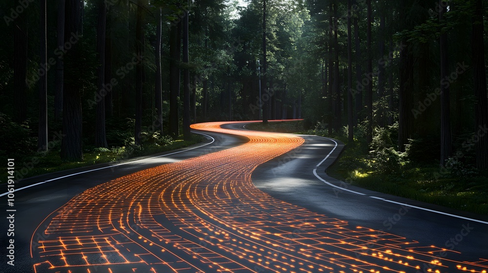 Fototapeta premium Winding Road with Glowing Digital Lines in Forest