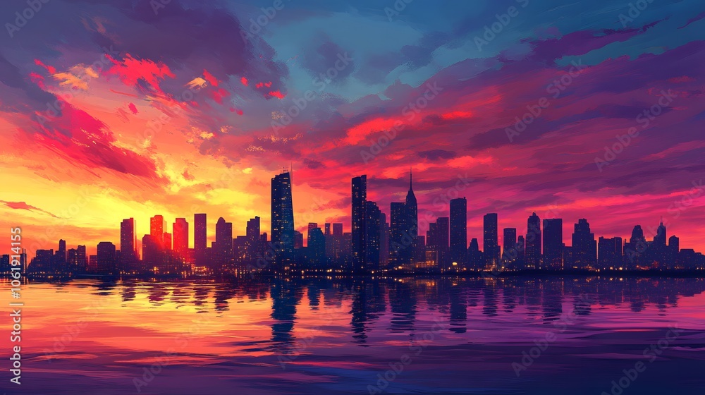 Colorful Sunset Skyline with Cityscape Reflection Colorful Sunset Skyline with Cityscape Reflection