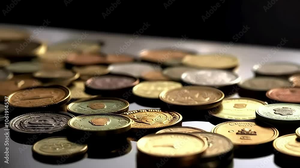 Coins on a reflective surface. Stock video showing business growth with the help of scattered coins on the table. Coins on a reflective surface. Stock video showing business growth with the help of scattered coins on the table.