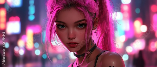 Vibrant city night scene with a pink-haired woman in cyberpunk style, surrounded by neon lights and colorful bokeh effect.