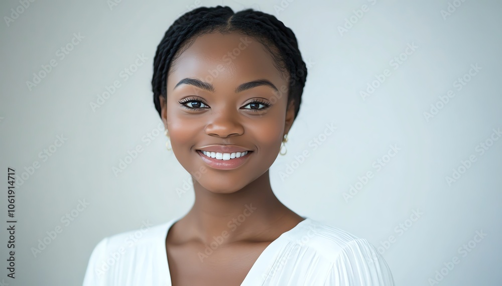 A smiling young woman with braided hair in a bright setting, radiating confidence and positivity. Perfect for lifestyle and beauty themes. A smiling young woman with braided hair in a bright setting, radiating confidence and positivity. Perfect for lifestyle and beauty themes.