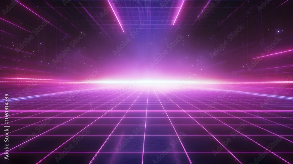 Glowing Neon Retro Grid Landscape with Flickering Sci-Fi Frame Glowing Neon Retro Grid Landscape with Flickering Sci-Fi Frame