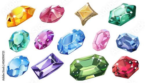 Set of colored gems illustration isolated cut out transparent background gemstone