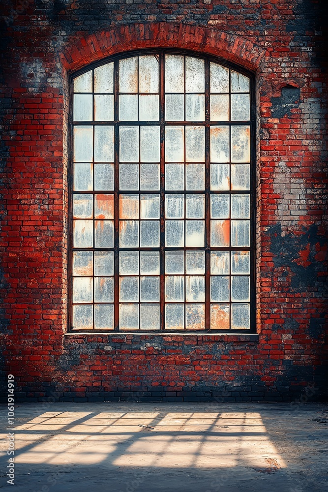 Rustic brick wall with an old window casting intriguing shadows on the floor, evoking a sense of history and character. Rustic brick wall with an old window casting intriguing shadows on the floor, evoking a sense of history and character.