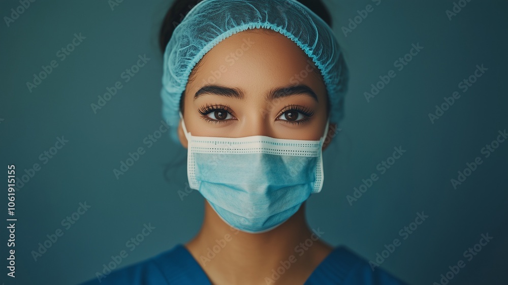Focused Portrait of a Female Surgeon in a Surgical Mask. Focused Portrait of a Female Surgeon in a Surgical Mask.