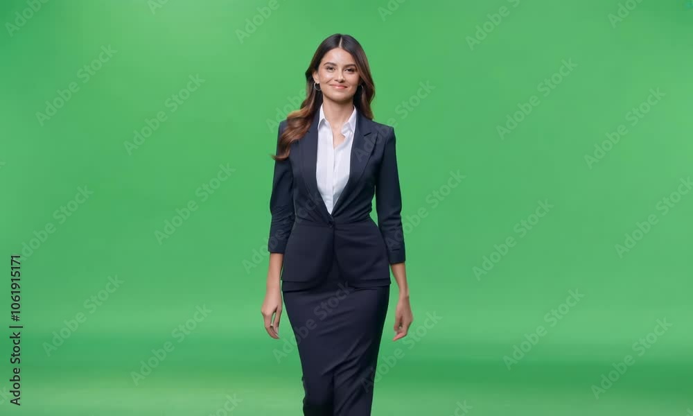 Young businesswoman successful and happy man walking in green screen background Young businesswoman successful and happy man walking in green screen background