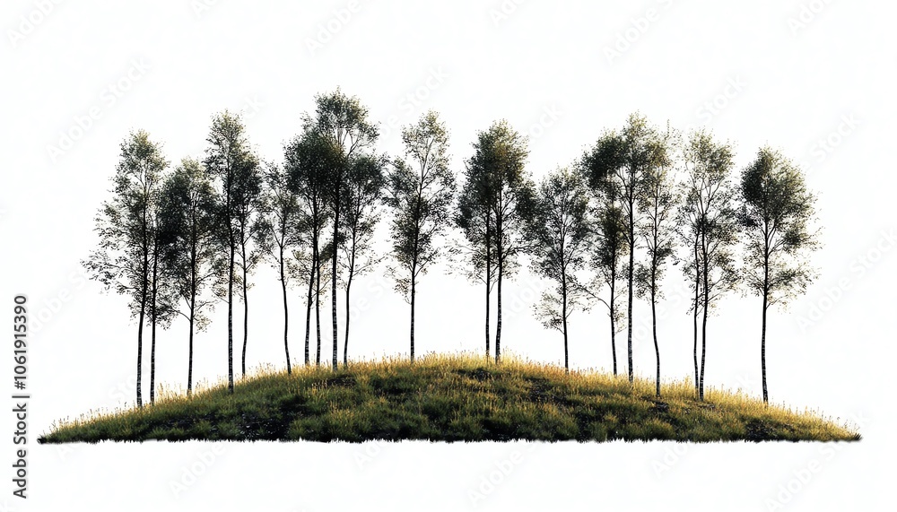 Fototapeta premium Serene landscape of tall, thin trees on a small grassy mound against a white background, creating a minimalist and peaceful natural scene.