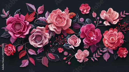 3d peony flowers. Embroidered peonies flowers, leaves. Embroidery floral colorful vector background illustration. Tapestry beautiful stitch textured flowers. Stitching lines surface ornate texture 