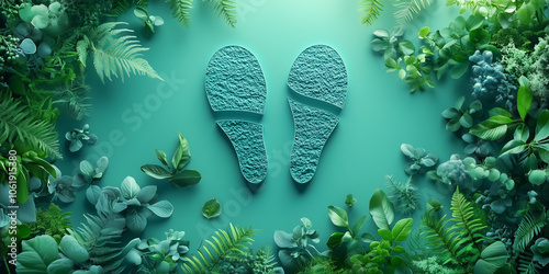 A light blue carbon footprint with faded silhouettes of factories, trees, and wind turbines inside, symbolizing the balance between emissions and sustainability efforts. photo