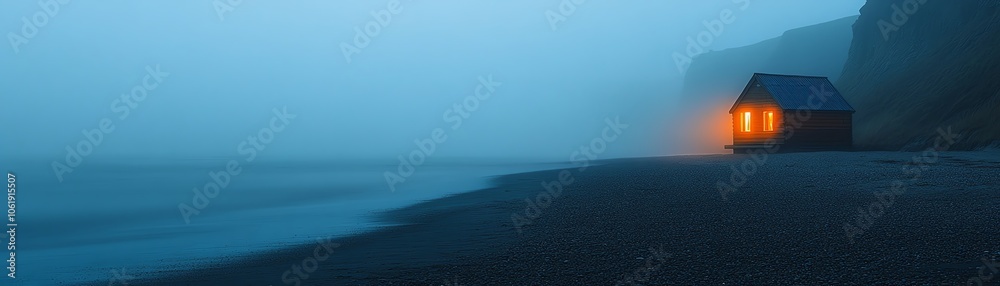 A serene beach scene featuring a cozy cabin illuminated by warm light amidst a mysterious fog, perfect for calming environments. A serene beach scene featuring a cozy cabin illuminated by warm light amidst a mysterious fog, perfect for calming environments.