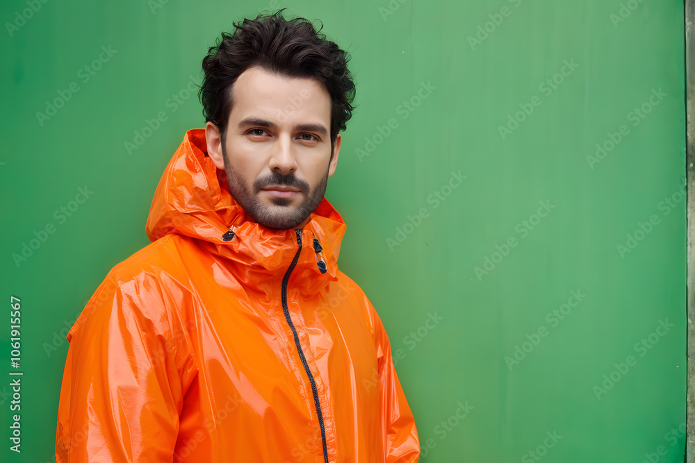 A man in an orange raincoat stands in front of a green wall A man in an orange raincoat stands in front of a green wall