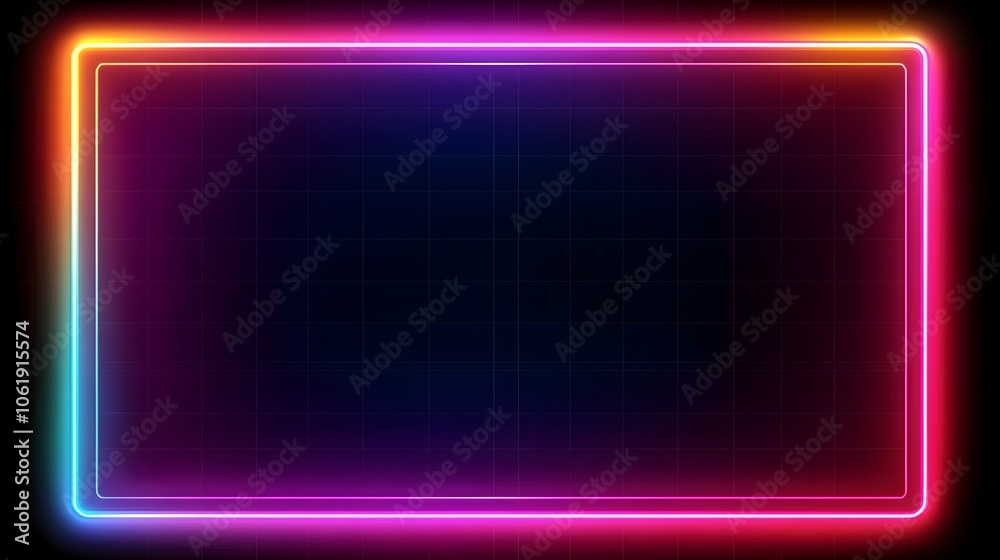 Futuristic Neon Hologram Frame with Retro Grid Background Futuristic Neon Hologram Frame with Retro Grid Background