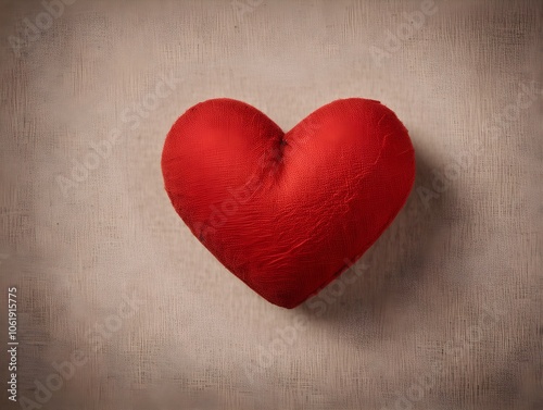 a red heart-shaped object that appears to be made of a soft, textured material. It is centered against a plain, neutral-colored background, which has a slightly rough texture, giving the image a warm 