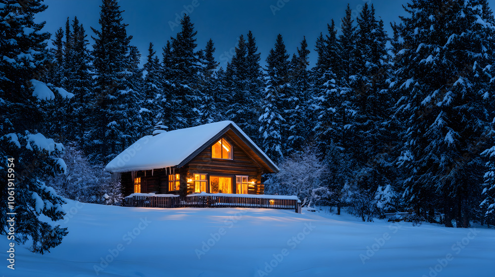 Cozy cabin in snowy forest at night, warm lights glowing softly Cozy cabin in snowy forest at night, warm lights glowing softly