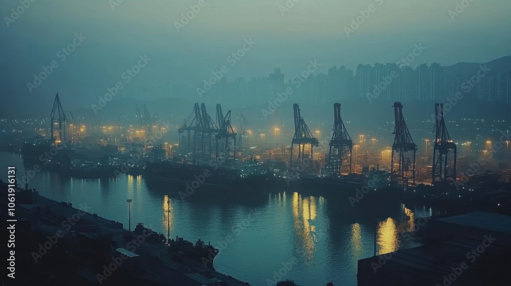 Naklejka premium Serene Port at Dusk with Mist and City Lights