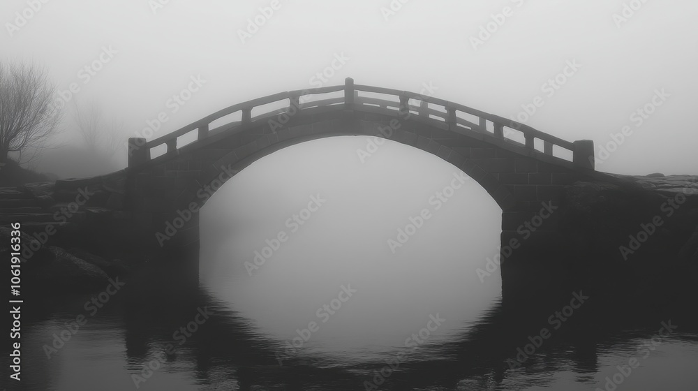 Fototapeta premium Misty Bridge Over Calm Water under Foggy Conditions