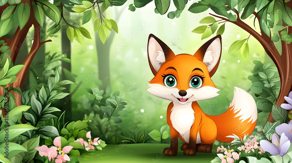 Fototapeta premium Cute fox in vibrant forest, surrounded by lush greenery and flowers