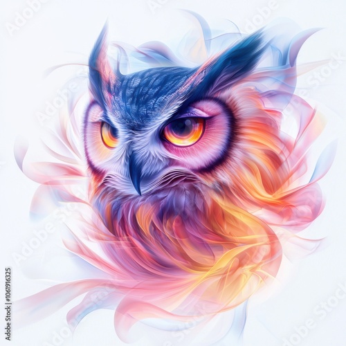 A vibrant, artistic depiction of an owl with striking colors and a fierce gaze, blending realism and abstract styles.