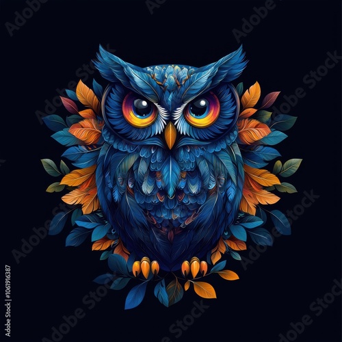 A vibrant owl illustration surrounded by colorful leaves, showcasing intricate details and captivating eyes on a dark background.