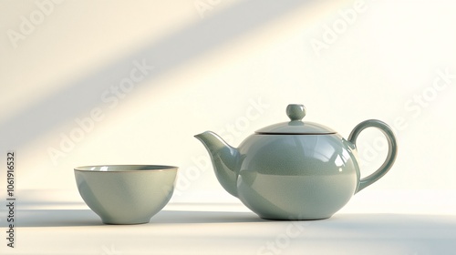 Ceramic Teapot and Cup on White Background