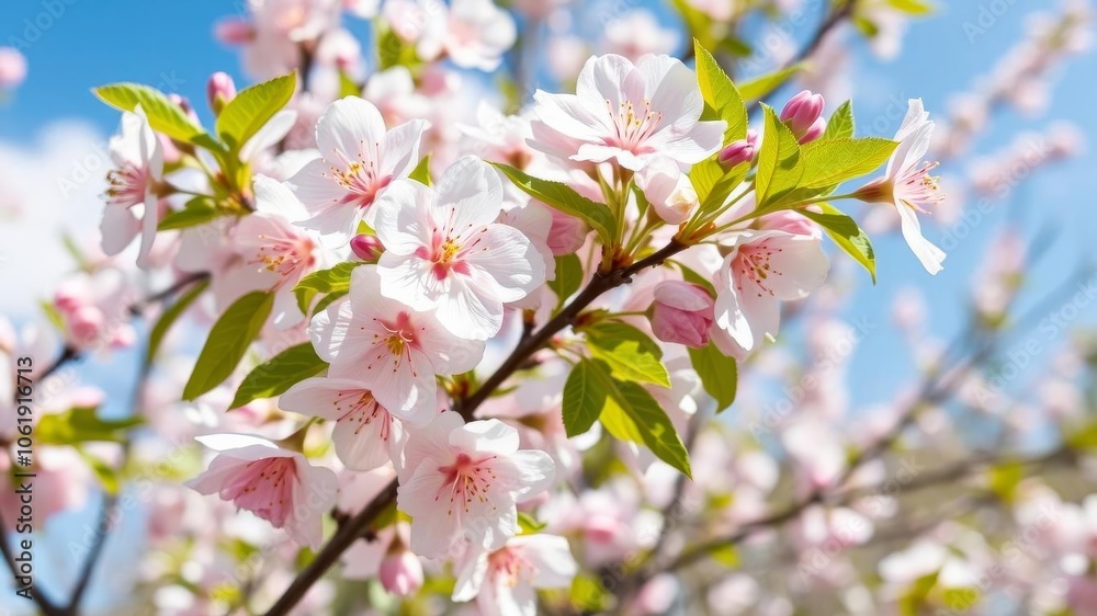 Close-up of vibrant pink cherry blossoms in full bloom against a clear blue sky, bloom, sunny day Close-up of vibrant pink cherry blossoms in full bloom against a clear blue sky, bloom, sunny day