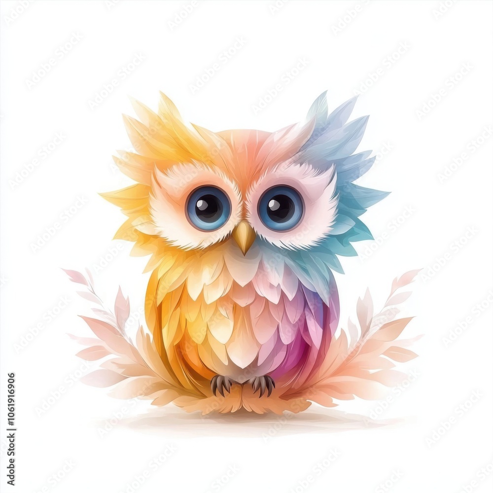 A colorful, artistic illustration of an owl with vibrant feathers, sitting amidst softly shaded foliage.