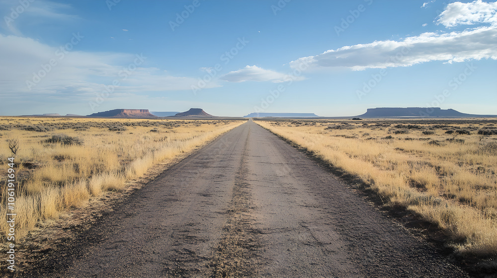 Empty road stretching to horizon, surrounded by vast landscapes Empty road stretching to horizon, surrounded by vast landscapes