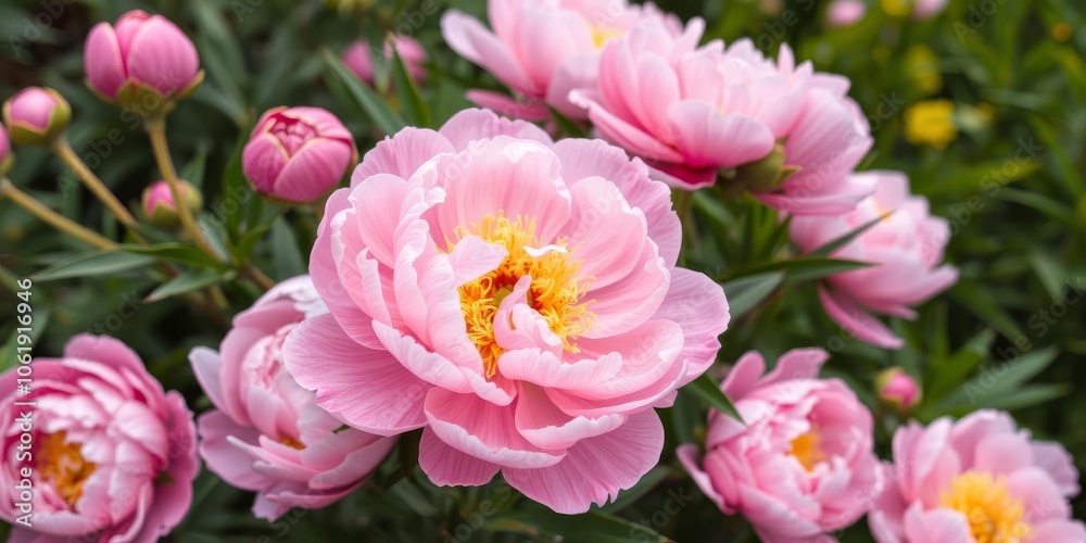 Close-up shot of vibrant pink peonies blooming in a garden, close-up, peonies Close-up shot of vibrant pink peonies blooming in a garden, close-up, peonies
