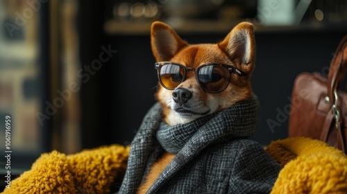 Shiba Inu dog wearing sunglasses, a suit jacket, and a knitted scarf, posing confidently in a fashionable and humorous portrait.