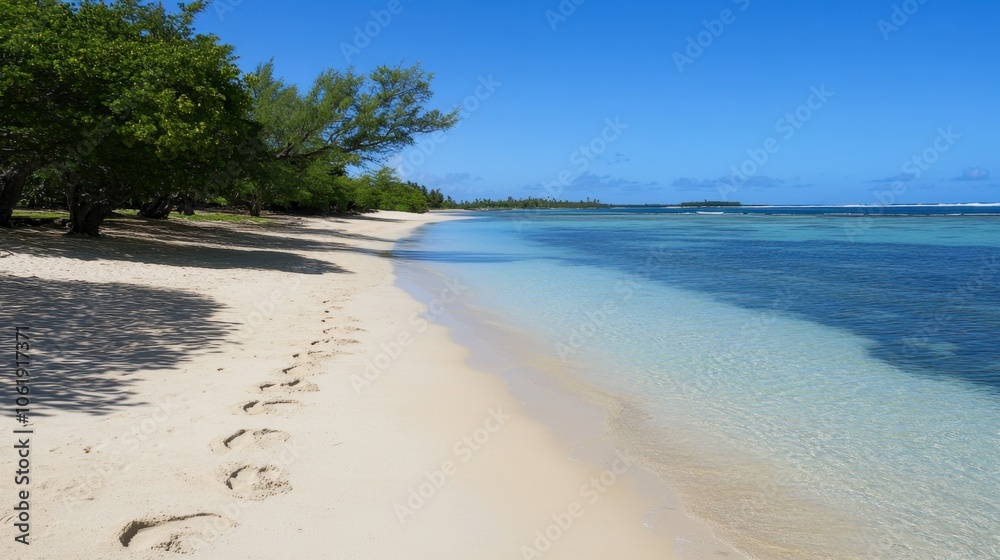 Serene Beach with Footprints on Sandy Shoreline Serene Beach with Footprints on Sandy Shoreline
