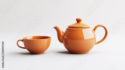 Orange Teapot and Cup on White Background