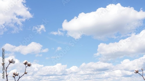 Fluffy white clouds in a bright blue sky, outdoor, weather