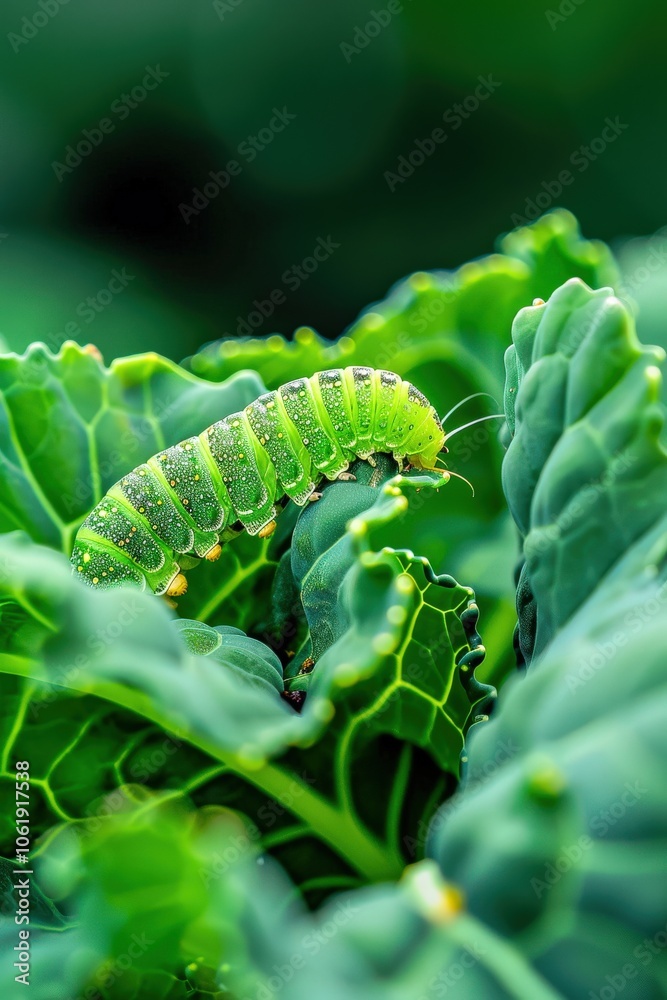 Fototapeta premium Vibrant Leafy Plant with Caterpillar Larva in Focus