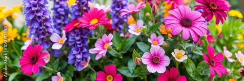 A vibrant bouquet of colorful flowers in full bloom set against a soft, blurred background, petals, vibrant