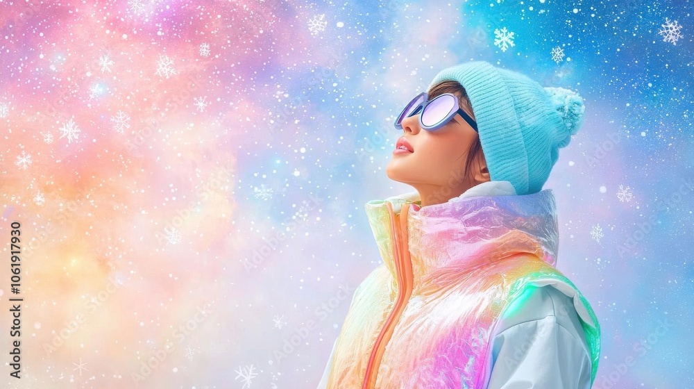 Futuristic model in a holographic winter vest, layered over shimmering neon attire, snowflakes visible against a starry winter sky