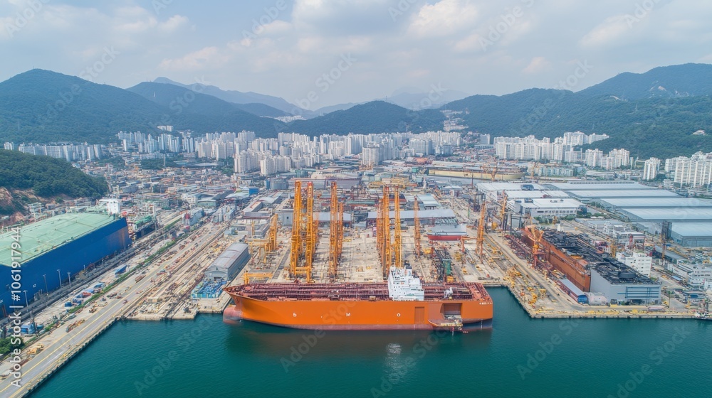 Naklejka premium Aerial View of Industrial Port with Cranes and Ships