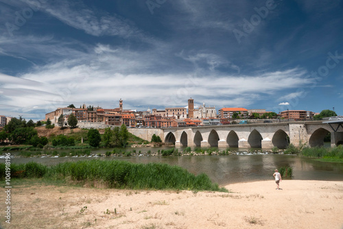 The historic town of Torsedillas with the ancient bridge over the Duero River.