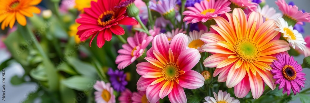 Beautiful arrangement of various colorful flowers in bloom, petals, botany