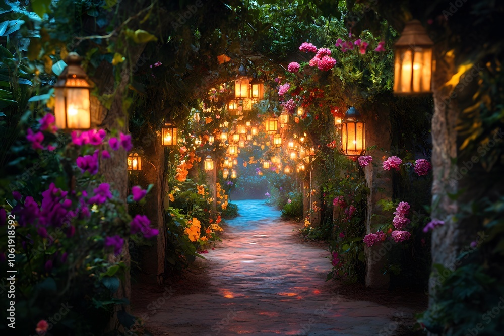 magical pathway, glowing evening garden path with lanterns and floral archway magical pathway, glowing evening garden path with lanterns and floral archway