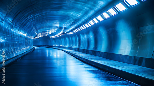 futuristic blue lit tunnel with smooth reflective surfaces and copy space photo