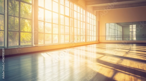 Sunlit Dance Studio with Large Windows and Wooden Floor