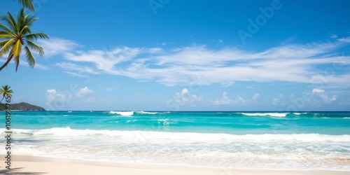 Beautiful sandy beach with crystal clear blue water and palm trees swaying in the breeze, ocean, relaxation