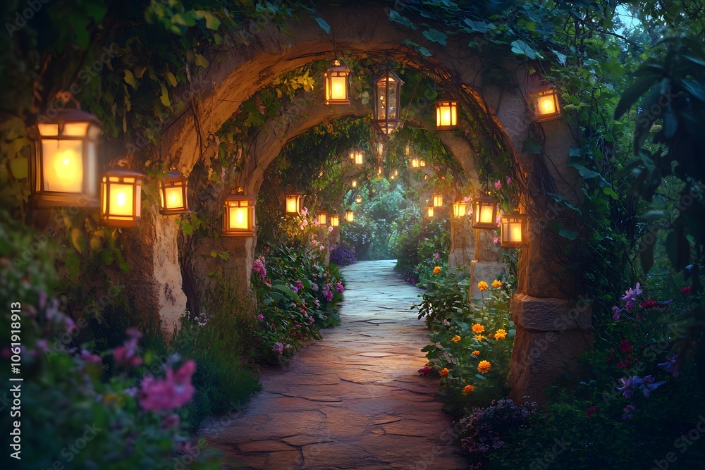 magical pathway, glowing evening garden path with lanterns and floral archway magical pathway, glowing evening garden path with lanterns and floral archway
